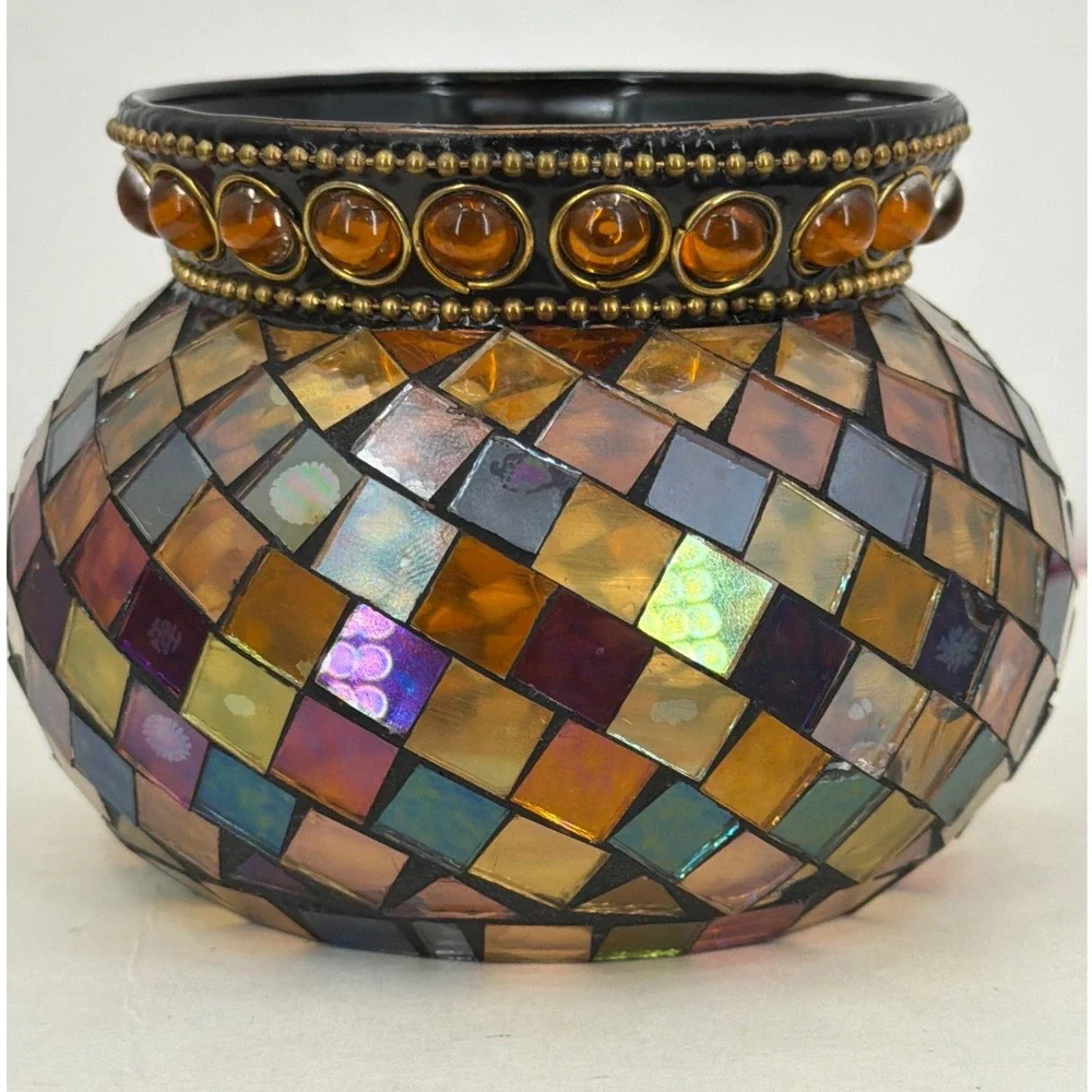 PartyLite Mosaic Glass Candle Holder Iridescent Amber Gold Beaded Trim Votive